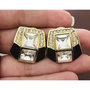 Vintage Large black gold tone earring clip on costume jewelry 80s 90s Rhinestone